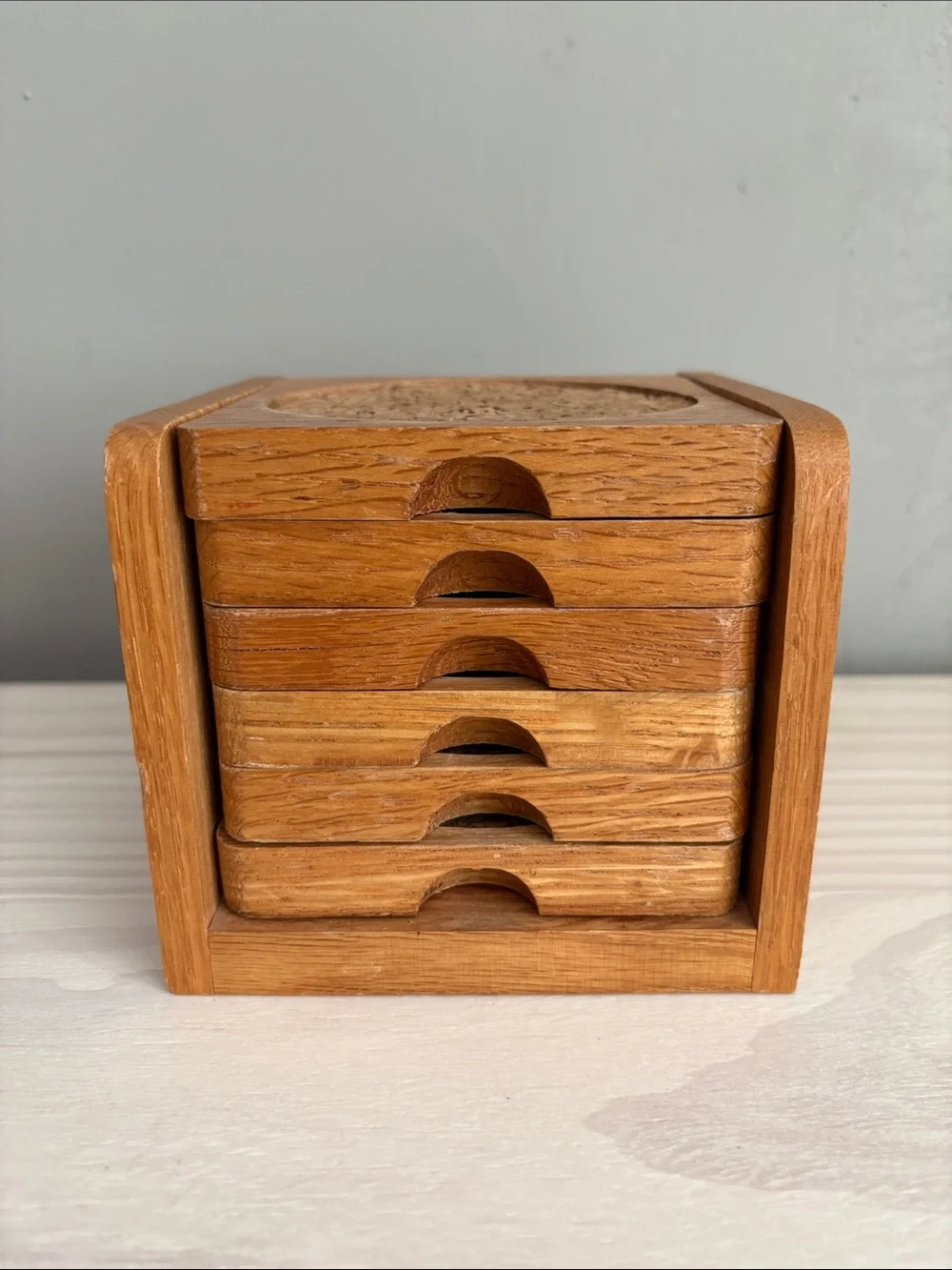 Vintage Mid Century Modern Wood and Cork Coaster Set of 6 with Caddy